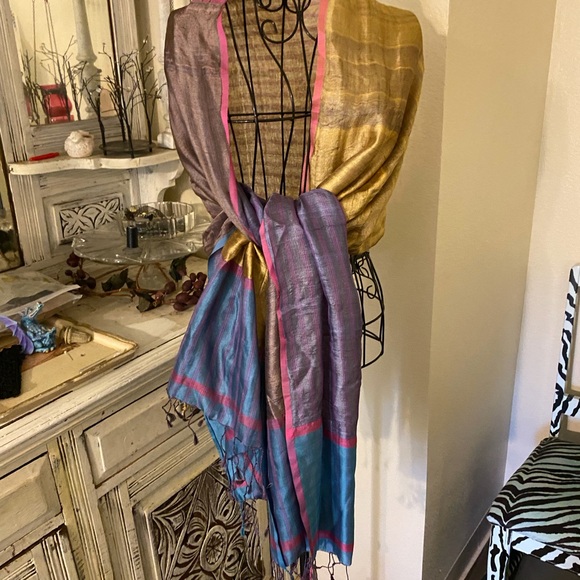 Accessories - Handwoven Silk Scarf / Wrap in Gold, Purple , Blue & Pink